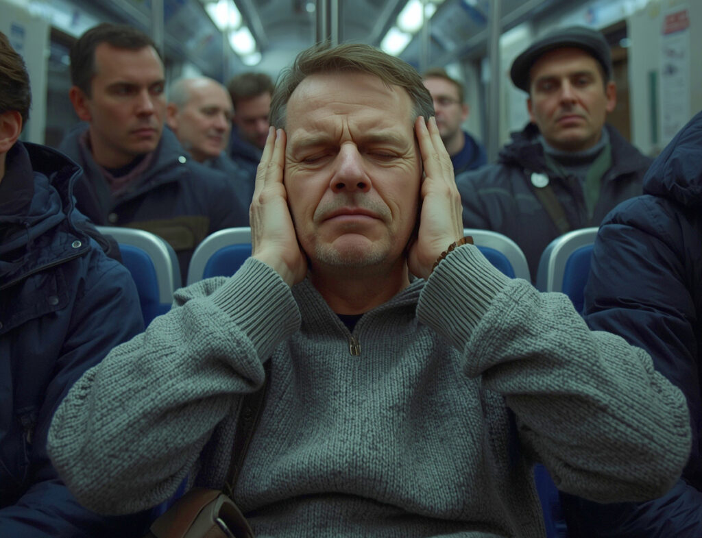 A man in a subway disturbed by sound